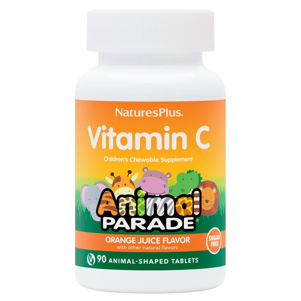 Naturezas Plus Animal Desfile Vitamina C de crianças sem açúcar, Natural suco de laranja sabor - 90 Mastigáveis Animal Shaped Tablets - Imune Support - Gluten Free - 45 Servings