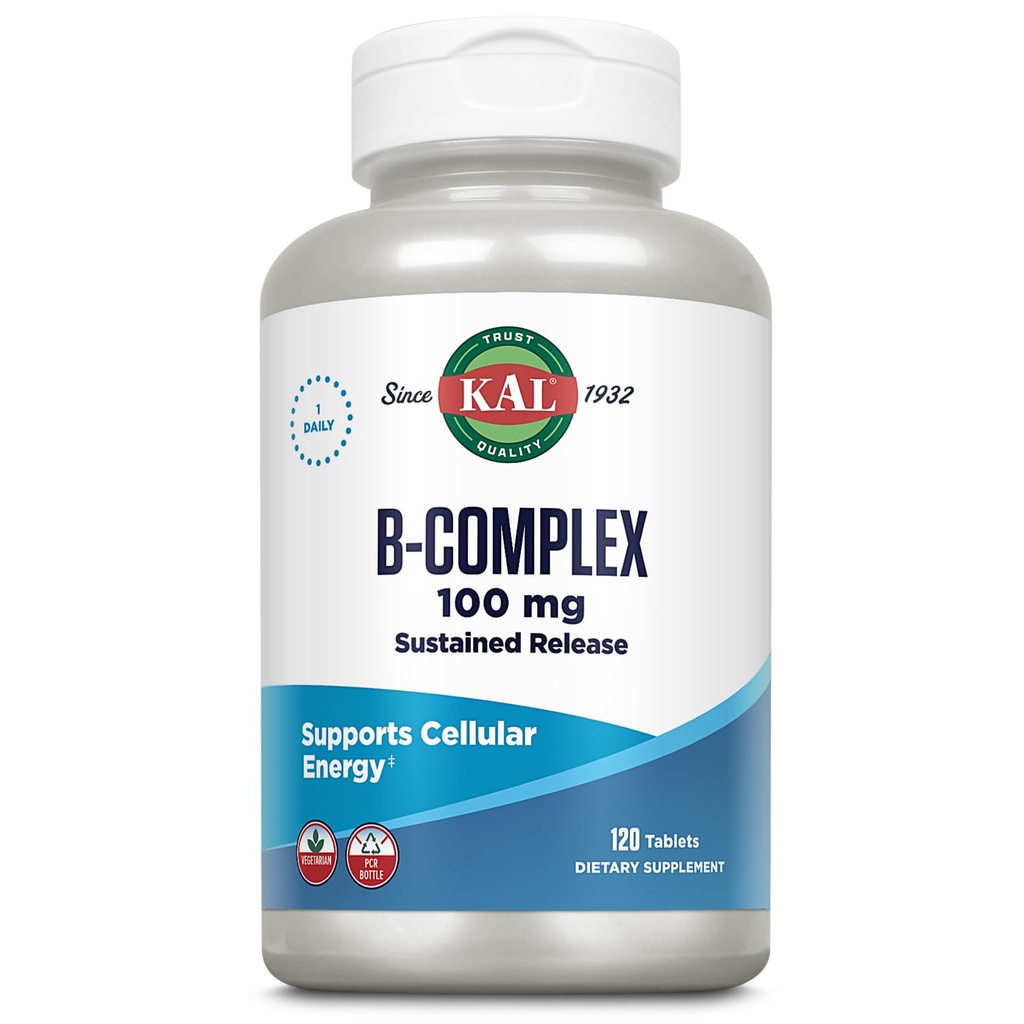 Complexo KAL B-100 - Liberação Mantida Complexo Vitamina B - Apoio energético saudável com base de suporte natural e revestimento fresco de hortelã - Vegetariano - Garantia de 60 dias - 120 Servings, 120 Tablets