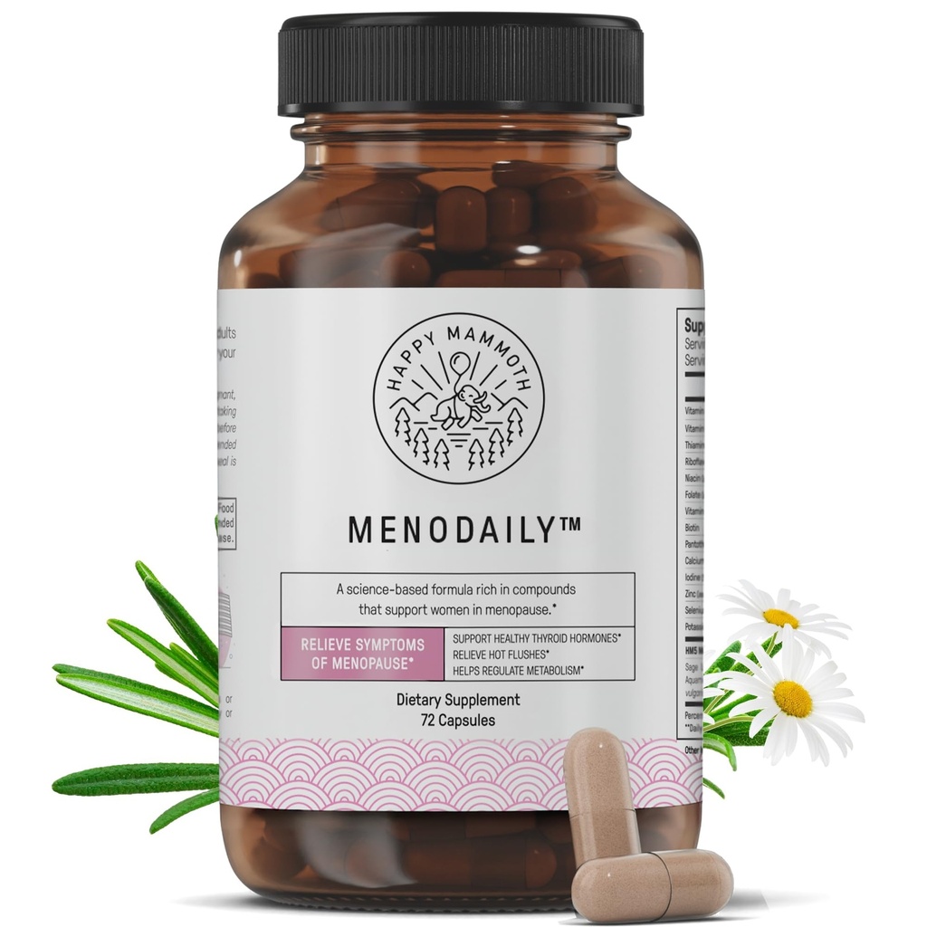 Feliz Mammoth Meno Daily Menouse Vitaminas & Suplementos para as mulheres (* Harmonia não hormonal), Boost Metabolismo, Pele saudável, Cabelo e unhas, Hot Flash, Suporte ao humor, 72 Caps