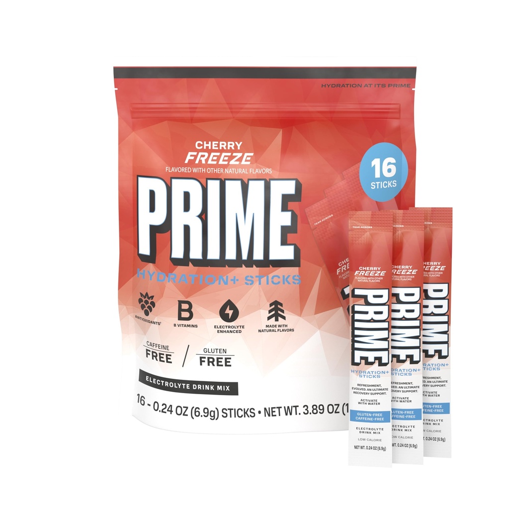 PRIME HIDRATION+ Varas Cherry Freeze □ Hydration pó único servir varas □ Pó de eletrólito sobre o ir baixo açúcar □ Cafeína-free □ Vegan 16 varas