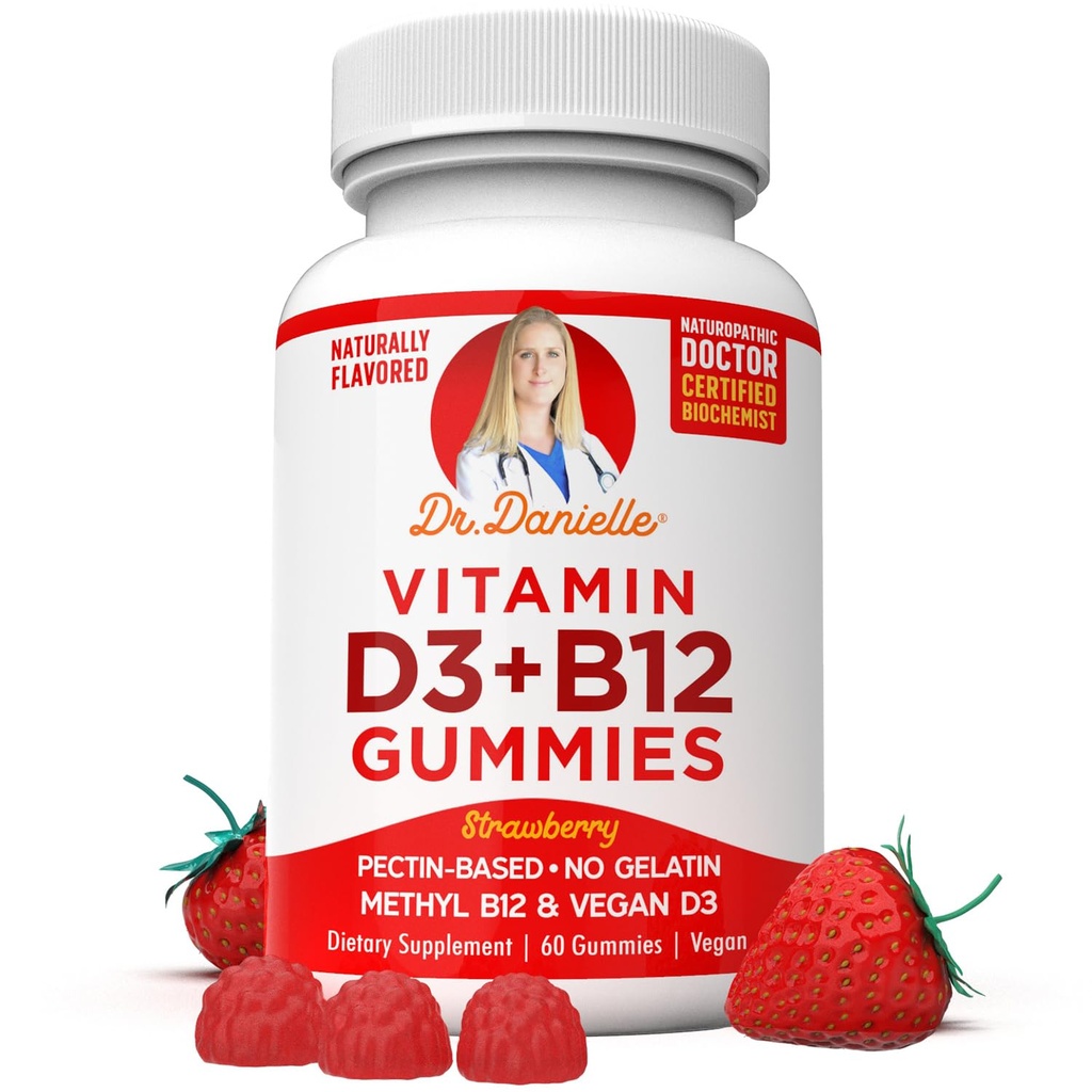 Vitamina D3, B12 chicletes por Dr. Danielle, Vegan Suplemento diário para adultos e crianças, Não-GMO, Vitamina D3 1000 UI e 250 mcg Vitamina B12, 2 meses de fornecimento (60 chicletes)