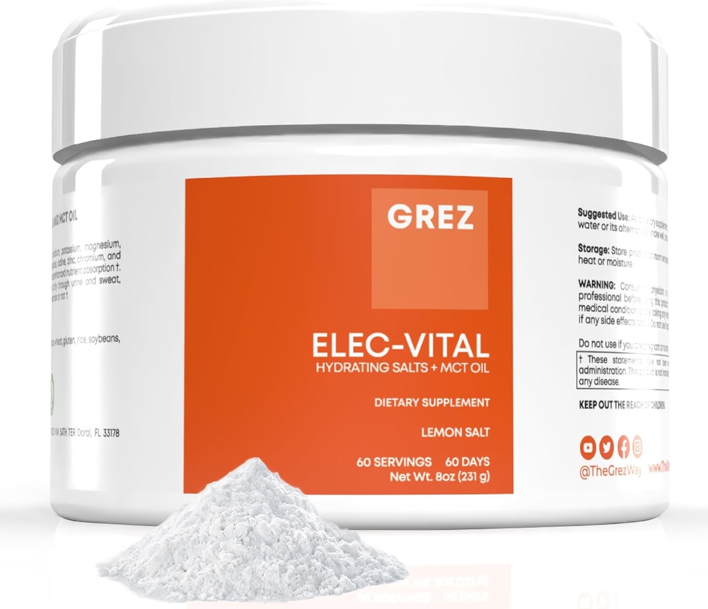 GREZ ELEC-Vital Electrolytes Powder No Sugar - Hydration Powder, Keto Electrolytes No Sugar - Complete Mineral Support, Sódio, Potássio, Magnésio, Zinco - 60 Servings