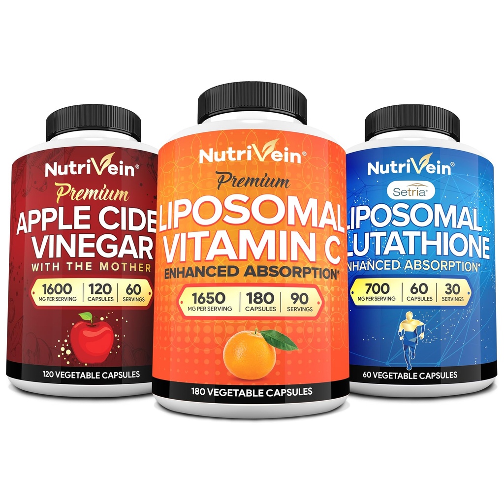 Nutrivein Premium Glutationa lipossómica, Cápsulas de Vinagre de Cider Apple, & Suplemento de Vitamina C Pacote: Vitamina C, Cápsulas ACV, e Pacote Suplemento de Glutationa para Defesa Celular e Detox