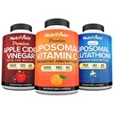 Nutrivein Premium Glutationa lipossómica, Cápsulas de Vinagre de Cider Apple, & Suplemento de Vitamina C Pacote: Vitamina C, Cápsulas ACV, e Pacote Suplemento de Glutationa para Defesa Celular e Detox