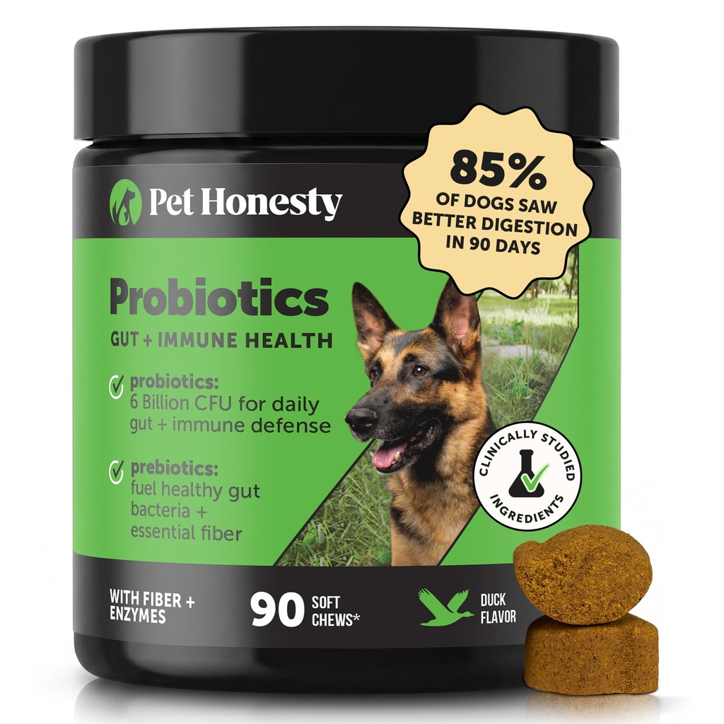Pet Honestidade Probióticos para cães para Diarréia Ocasional & Suporte Bowel, Enzimas Digestivas com Prebióticos para Gut Saúde para Cães, Imunidade Saúde & Itch alívio (Pato 90 CT)