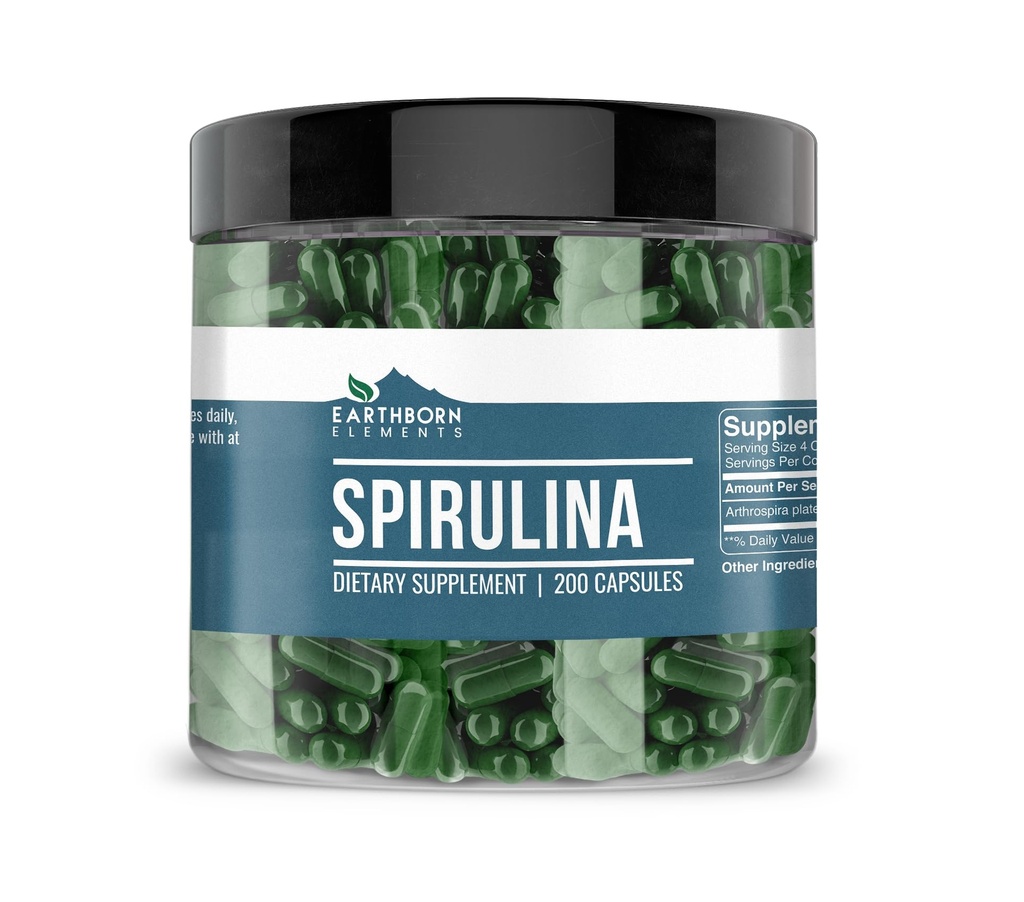 Elementos nascidos da Terra Espirulina 200 Cápsulas, Puro e não diluído, Sem aditivos