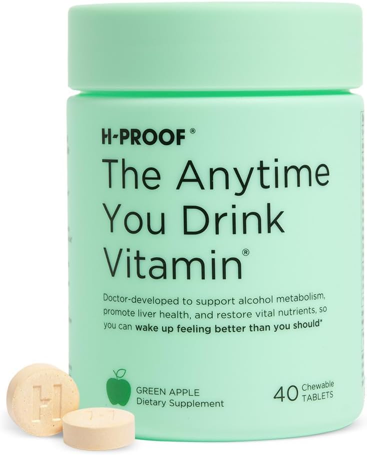 H-PROOF A qualquer hora que você bebe vitamina, saúde do fígado e suporte de imunidade com eletrólitos, cardo de leite, e vitaminas B & C - 40 comprimidos mastigáveis (20 Servões), Vegan, maçã verde