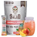 Salud 2-em-1 Beber Energia Pó + Foco, Limonada de pêssego, Cafeína orgânica, B6 + B12, Theanina, Pacotes de bebida de energia limpa, Agua Fresca Mix, Não-GMO, Glúten livre, Vegan, 1g de açúcar, (15 Servões)