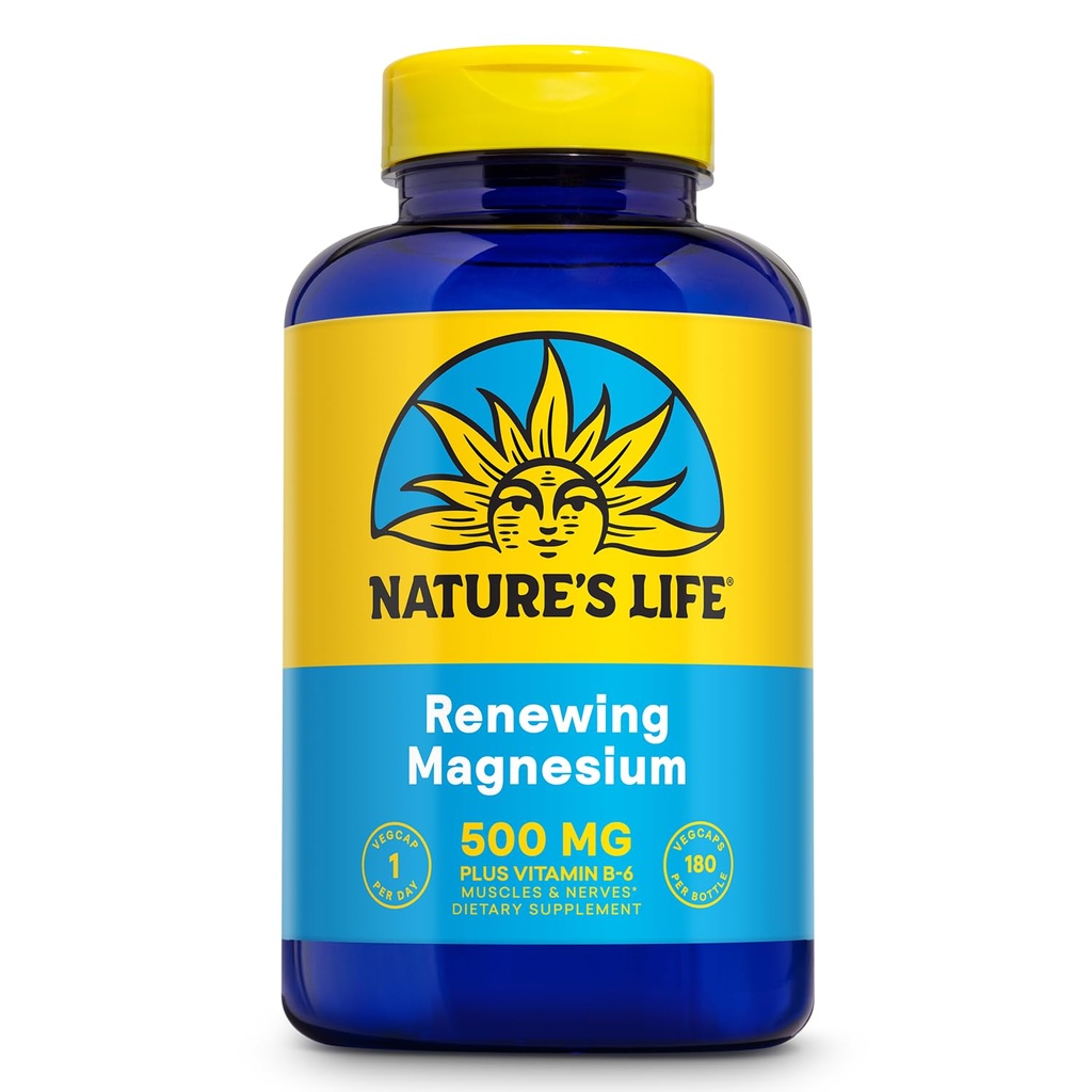 Naturezas Vida Renovação de Magnésio 500 mg - Plus Vitamina B-6 - Apoio Músculos e Nervos - Lab Verified (180 Servings, 180 VegCaps)