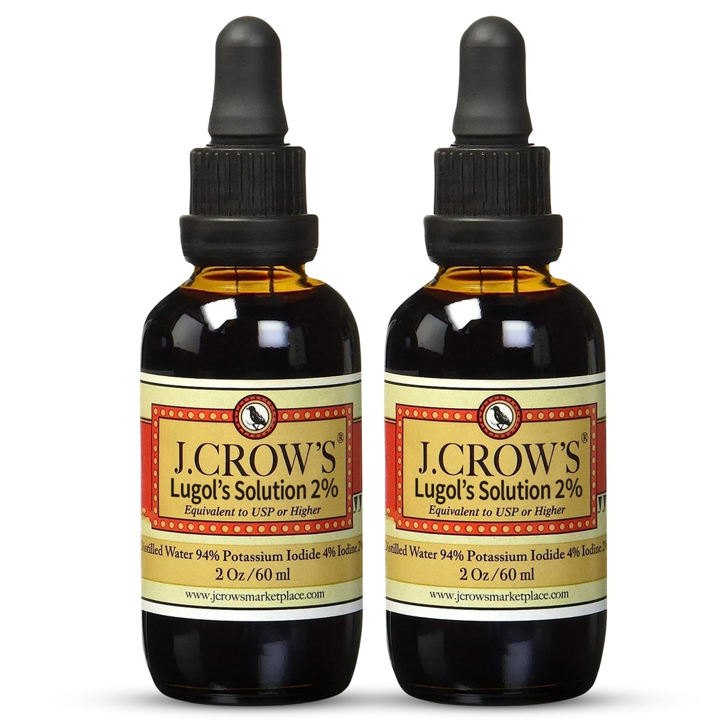 Solução de Iodo de J.CROW® Lugol 2% 2 onças (2 garrafa) – Iodo Premium & Iodeto de Potássio Líquido, Glúten &, Extrato natural sem álcool, sem expiração