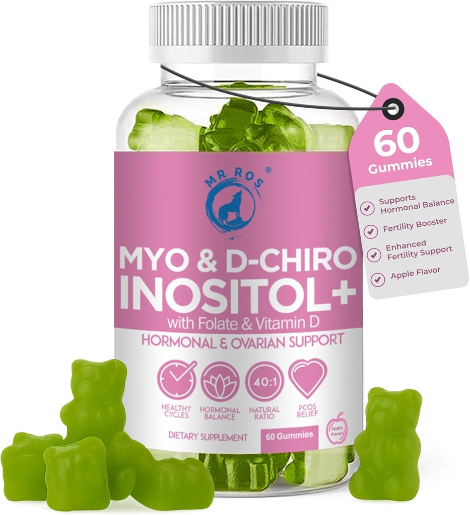 Inositol Gummies PCOS com folato e vitamina D - Myo & D-Chiro Inositol Blend, 40:1 razão, 60 gomas de sabor de maçã