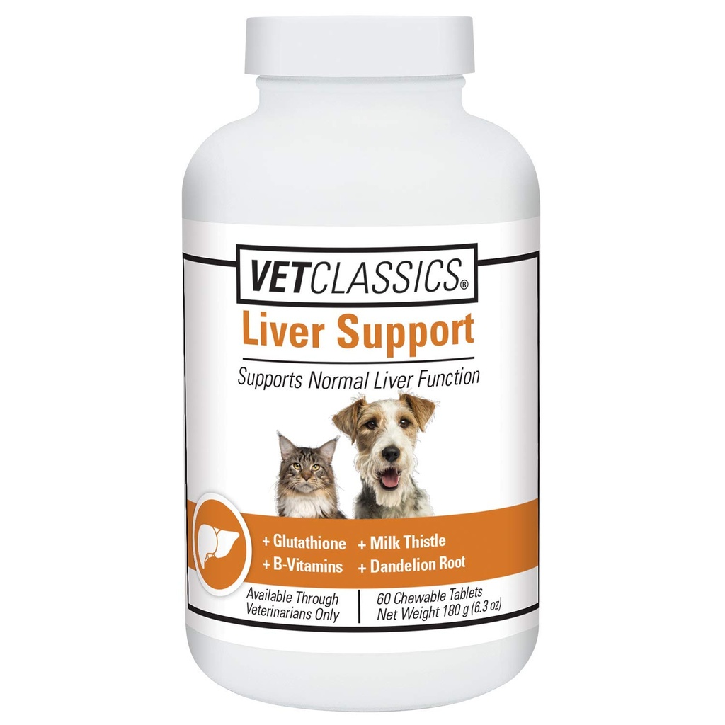 Vet Clássicos Suporte de fígado Suplemento de saúde animal de estimação para cães, gatos – Funções de fígado – B-Vitaminas, Glutationa, Cardo de leite – tablets macios, mastigação – 60 comprimidos mastigáveis