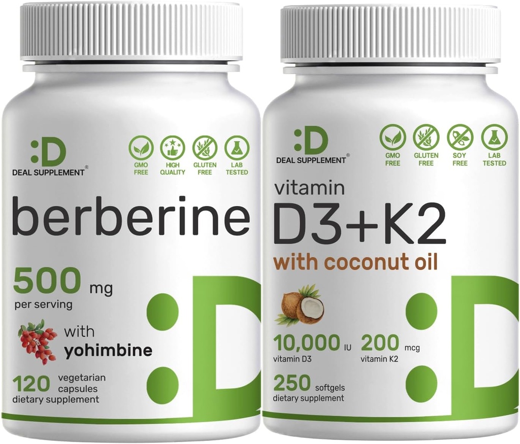 SUPPLEMENT DEAL Vitamina D3 10.000iu + K2 200mcg Softgels & Berberine Suplemento com Yohimbine Bundle – Vitaminas solares essenciais com óleo de coco – Formas de HCl cloreto de alta absorção