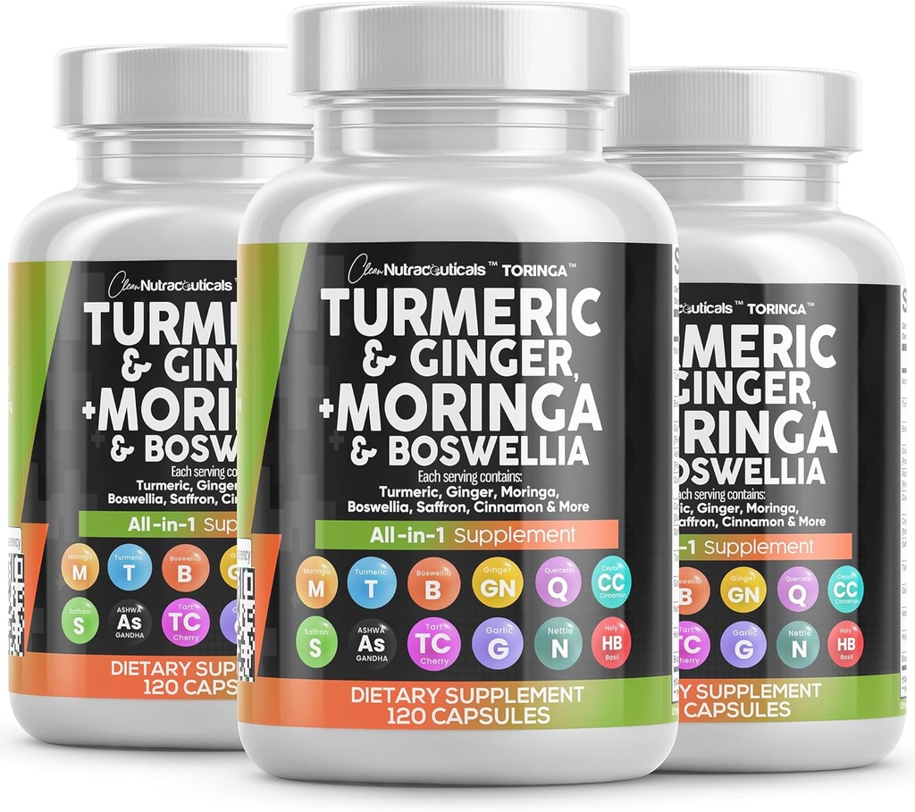 Suplemento Moringa Açafrão de gengibre Boswellia - Suplemento para Mulheres e Homens com Ceilão Canela, Cereja de Tart, Quercetin Garlic Nettle Holy Basil - 3Pack