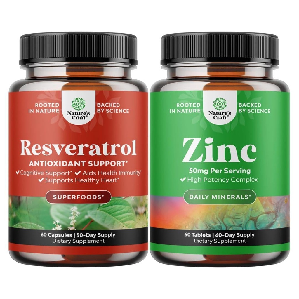 Pacote de jovem Trans Resveratrol - Cápsulas Resveratrol com ativador AMPK para saúde celular & Vitalidade e Zinco 50mg Immune Supplement - Complexo Zinco para melhorar a pele do cabelo & unhas