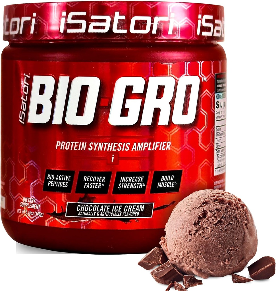 iSatori BIO-GRO Amplificador de Síntese de Proteínas, para Recuperação e Crescimento Músculo, Melhorado Estimulante gratuito Pré-treino e Colostrum Suplemento com Peptídeos Bio-Ativos- Chocolate Sorvete (60 Servões)