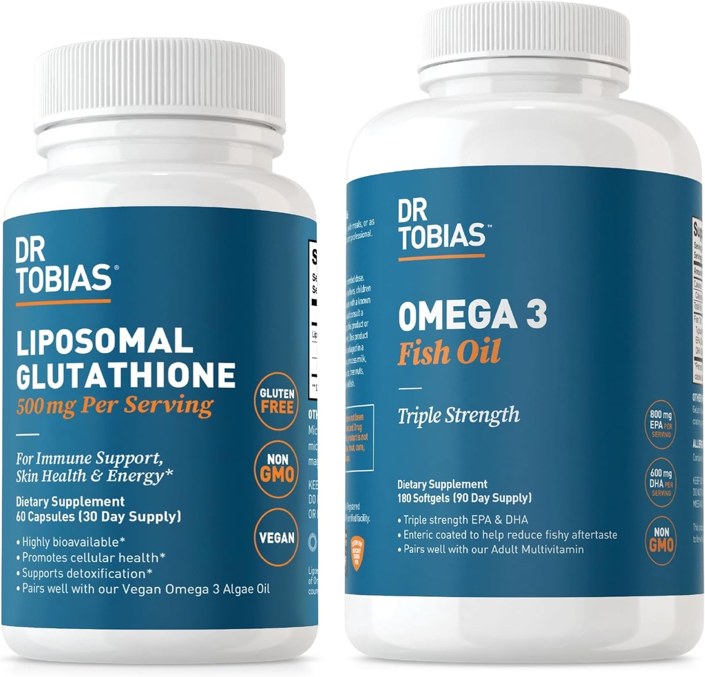 Dr. Tobias Omega 3 Óleo de peixe e Glutationa lipossómica - Suporta Função Imune, Saúde da Pele e Absorção Nutriente - Não-GMO