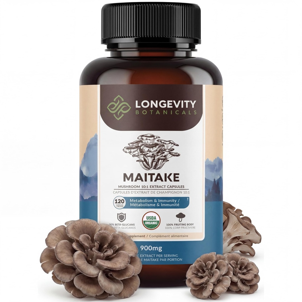 Cápsulas de Extrato de Cogumelo de Maitake Orgânicos de Longevidade (120)