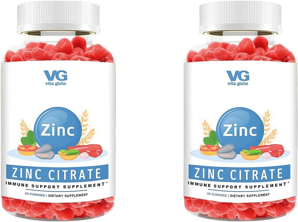 Vita GLOBE Citrato de Zinco Gummies – 50mg Suplemento diário de Zinco □ Sistema imunológico e suporte de saúde da pele □ Vegan, Vitaminas Gummy não-GMO mastigáveis para adultos e crianças – 96 Contagem (Pacote de 2)
