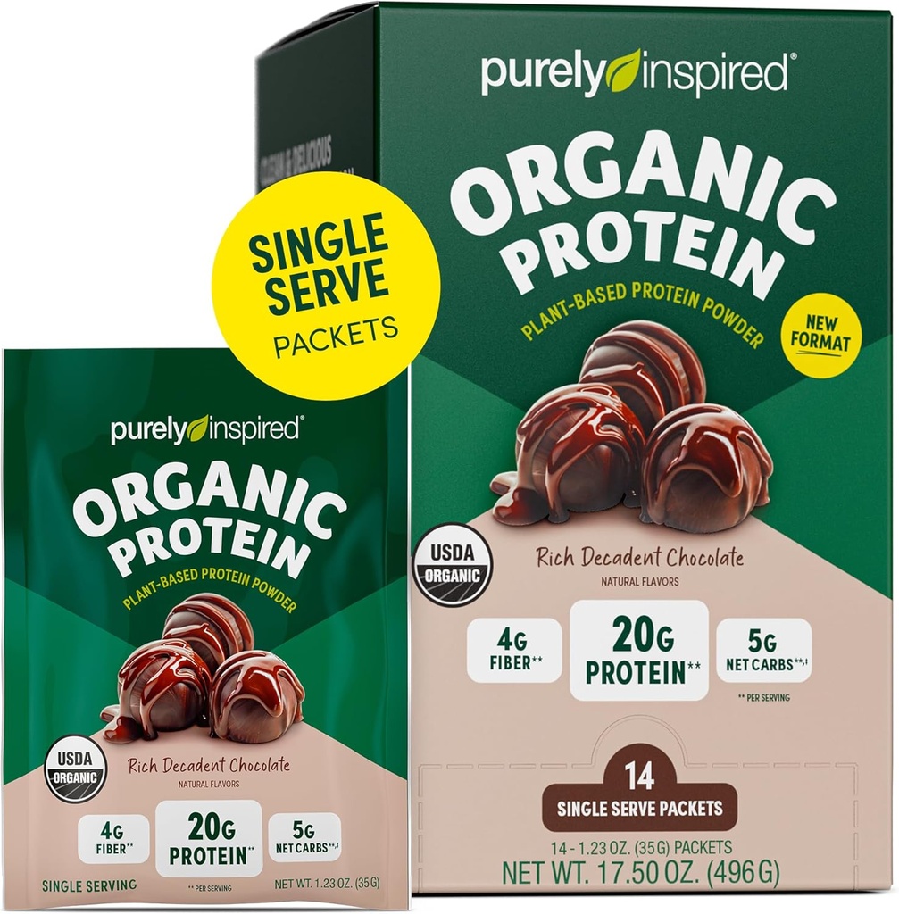 Puramente inspirado proteína orgânica em pó, 14 pacotes de serviço único, rico chocolate decadente - 20g de pó de proteína baseada em plantas para smoothies & Shakes - Dairy-free, não-GMO - para homens e mulheres