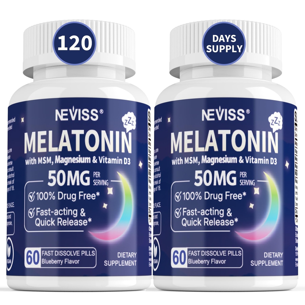 NEVISS Melatonina 50 mg para adultos - dosagem extra 9-em-1 rápida dissolver sublingual - alta dose com glicinato de magnésio, Vitamina D3, Ashwagandha, Limão Balm, Camomila, Açúcar livre,Vegan 120 comprimidos