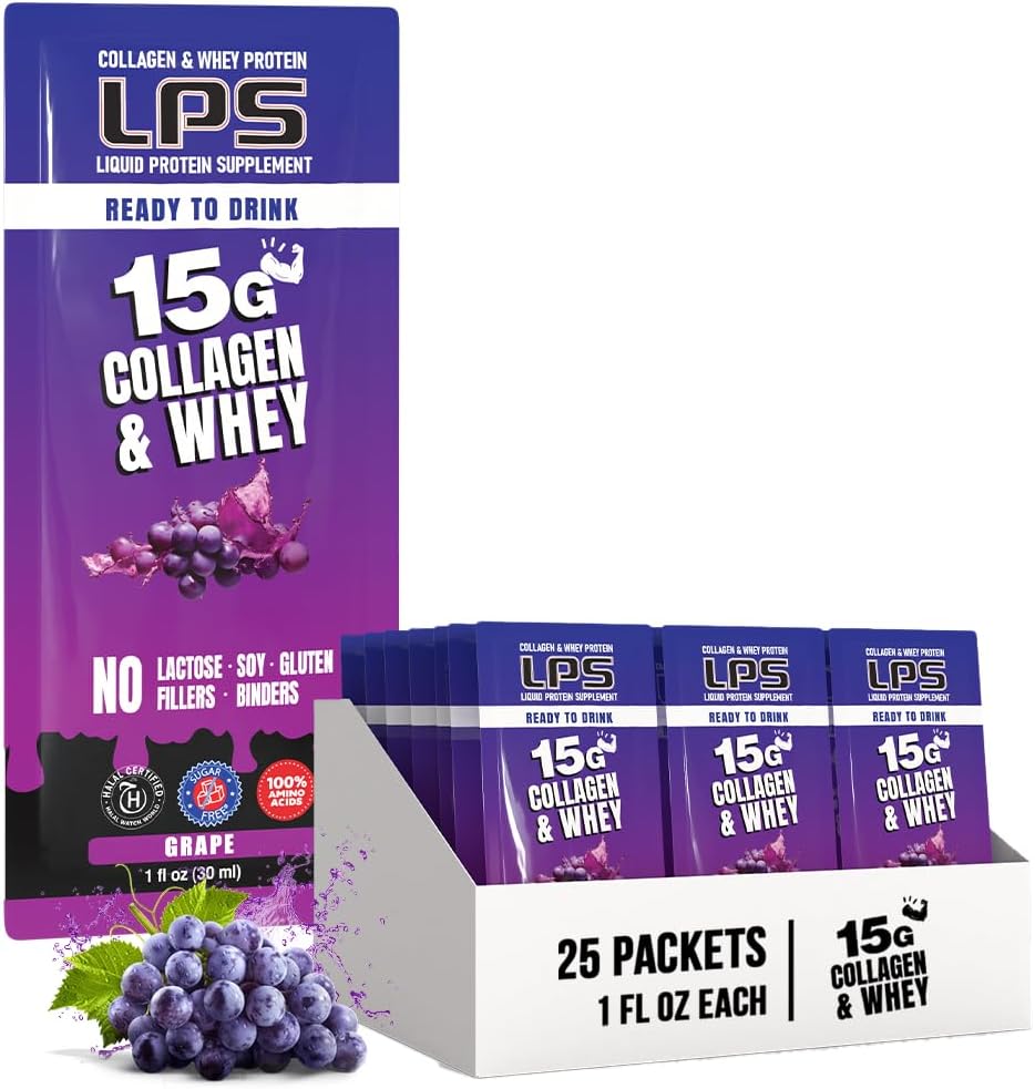 Designs Nutricionais LPS Colágeno Líquido & Whey Protein Supplement - Bebida não-GMO, sem açúcar - Promove a pele saudável & cabelo para homens e mulheres, Uva, Serviço Único (25 pacotes)