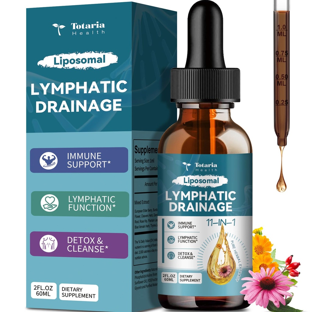 Drenagem Linfática Lipossômica Drops - 11 em 1 Suplemento Linfático Orgânico Drenagem com Burdock Root, Echinacea, Elderberry, Calendula, Cleavers Herb, Dandelion Suporta Saúde Linfática 2 FL.OZ