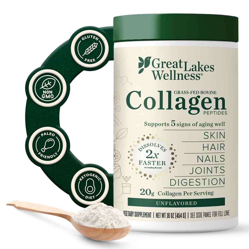 Grandes Lagos Bem-Estar Colágeno Peptídeos Pó para Pele, Cabelo, Unhas, Articulações e Digestão - Sem sabor - Dissolver rapidamente Hidrolisado, Não-GMO, Keto, Kosher - 16 onças