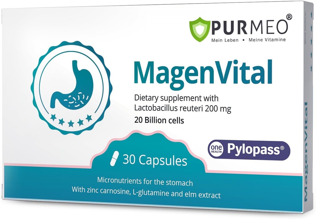 5 em 1 Probióticos de tratamento de alta potência H. Pylori - Apoio à gastrite - 1 por dia - Pylopass Lactobacillus Reuteri DSM17648 - Sem refrigeração necessária - Made in Germany