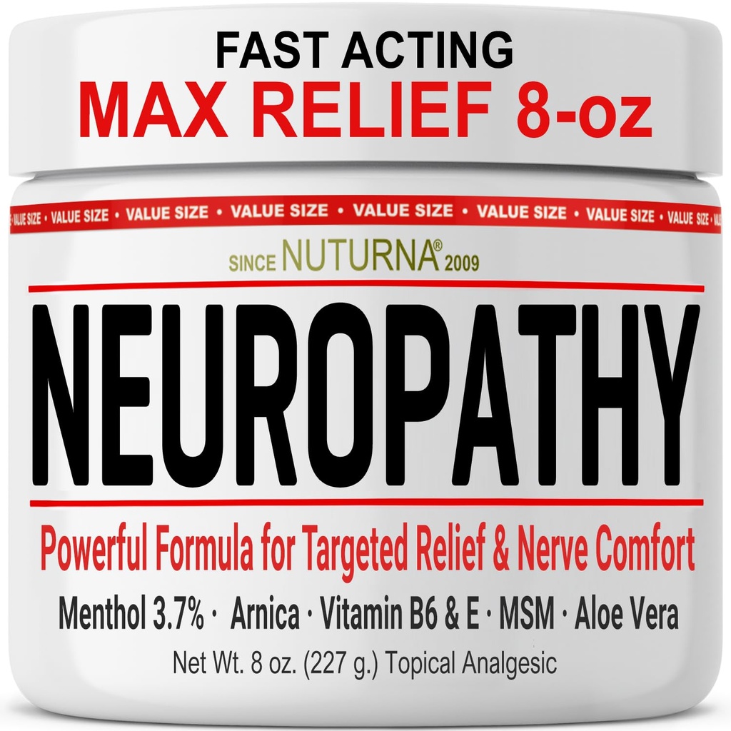 Creme de alívio de neuropatia - Auxilio máximo de ação rápida para pés mãos Pernas dedos - Ultra força mentol, Arnica, Aloe Vera, MSM, Alivio calmante natural nervos - Extra grande 8 oz