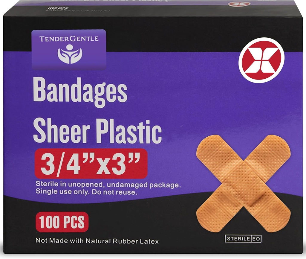 Bandagem adesiva - Caixa de 100 faixas plásticas de 3/4" de espessura flexível para cortes, raspas, queimaduras - Látex livre, bandagens pequenas estéril