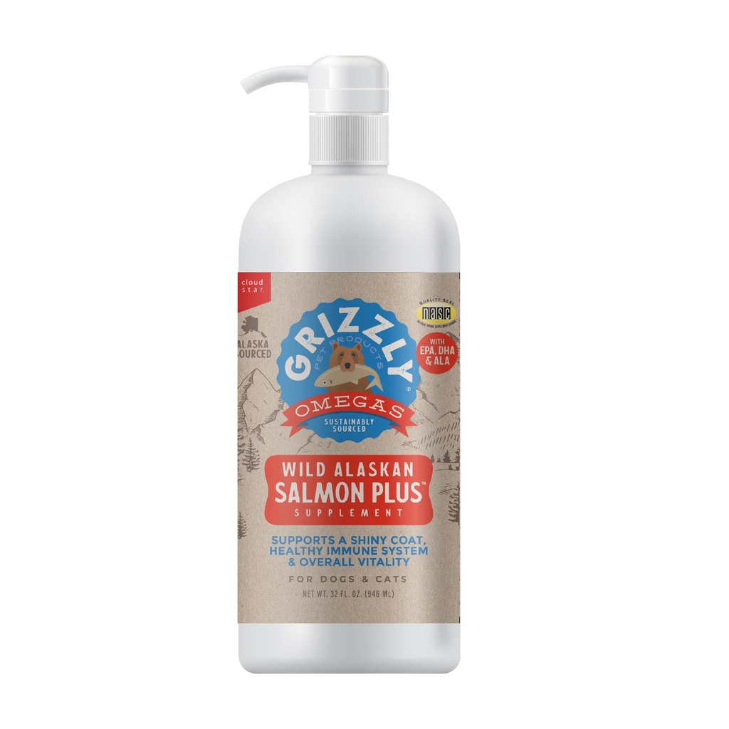 Grizzly Pet Produtos Salmon Plus Omega 3-6-9 Suplemento Alimentar para Cães e Gatos, 32 Ounce
