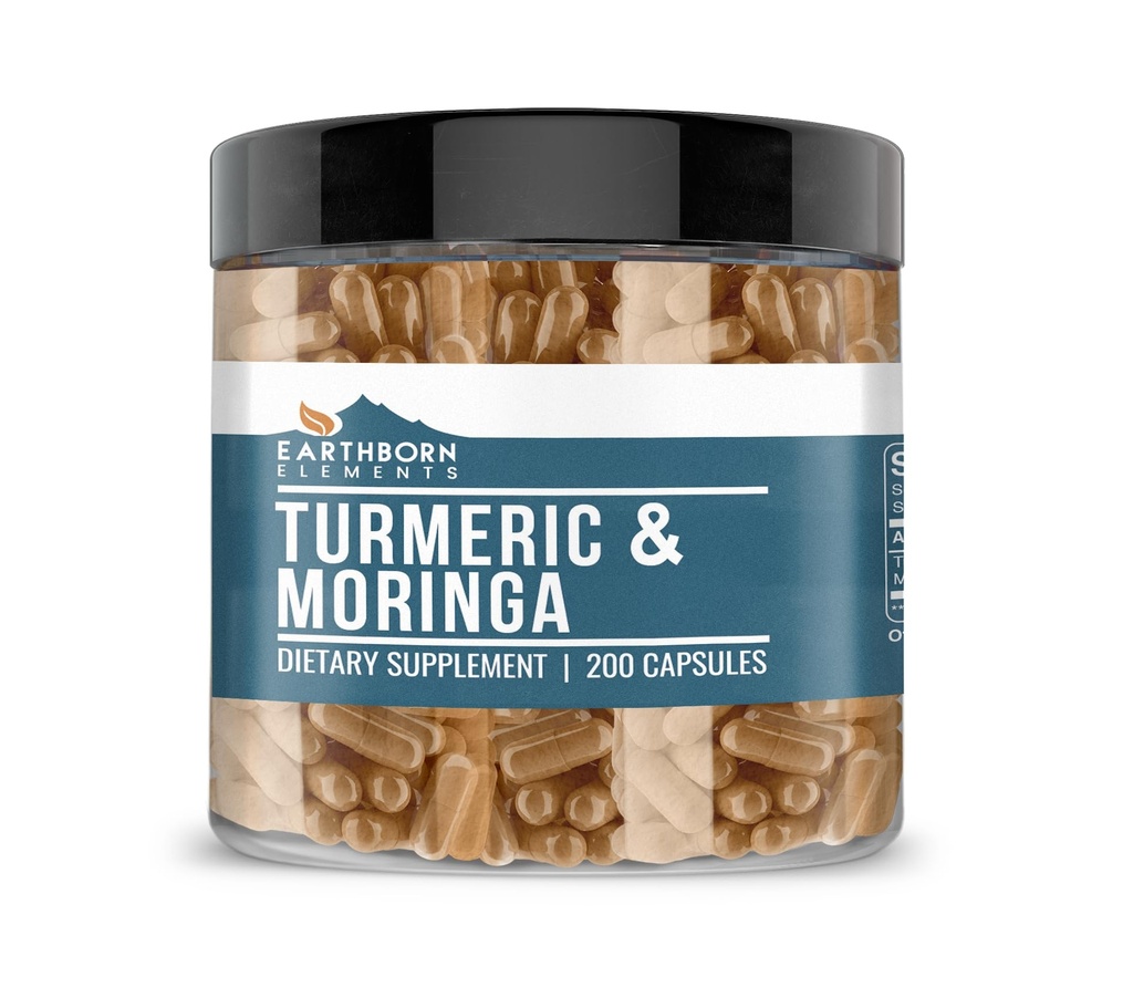 Elementos nascidos na Terra Turmérica & Moringa 200 Cápsulas, Puro e não diluído, Sem aditivos