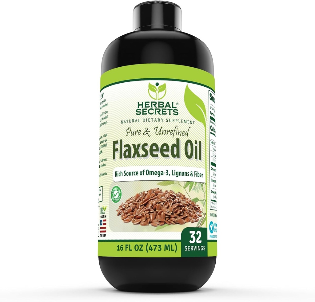 Herbal Secrets Organic Flaxseed Oil Supplement (Suplemento de óleo de semente de linho orgânico 16 Fl. Oz. (473 ml)