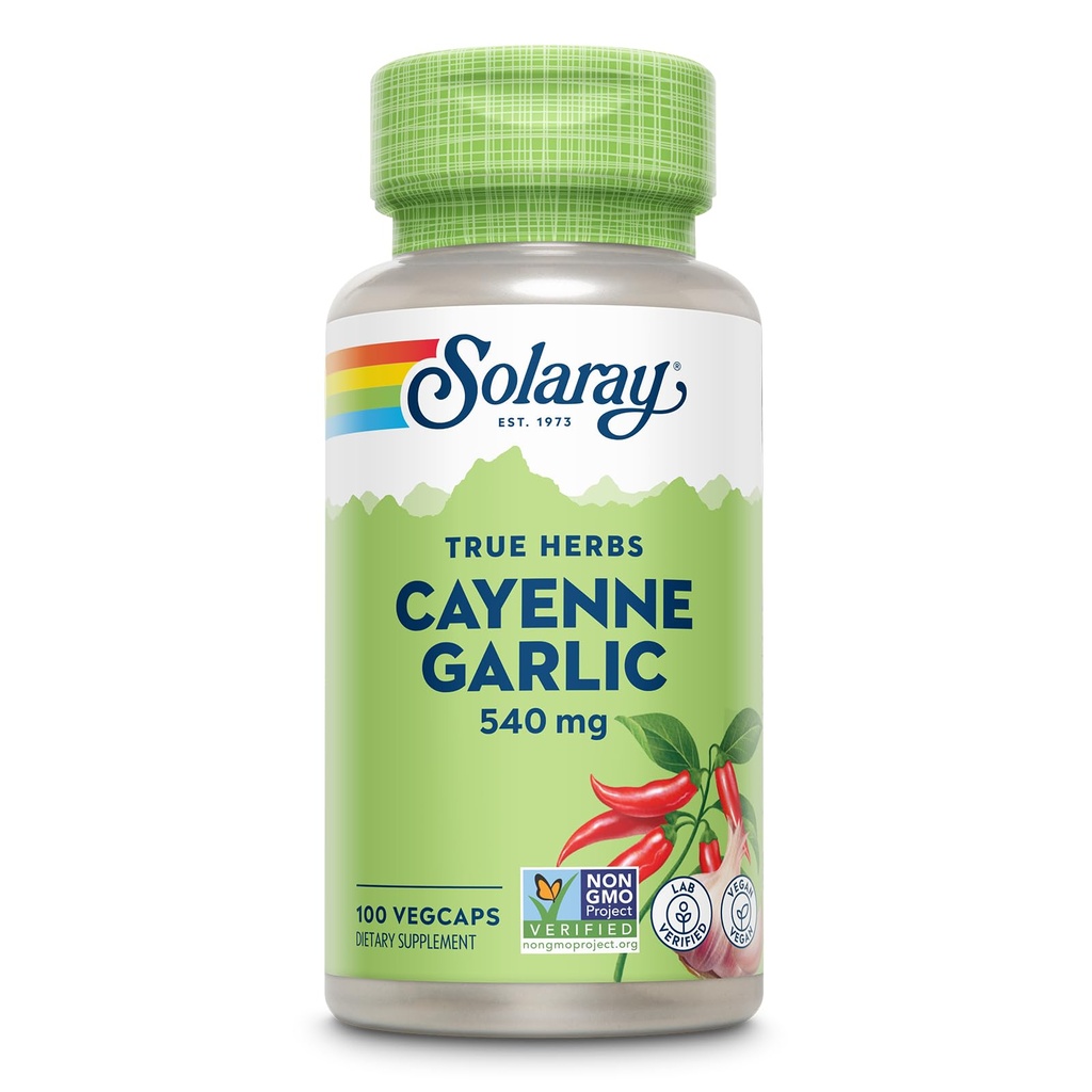 SOLARAY Cayenne Alho 540 mg - Cayenne Pimenta e Alho Suplementos com Capsaicina - Fornecendo 40,000 unidades de calor - Projeto não-GMO verificado, Vegan, 60-Day Garantia - 100 Servings, 100 VegCaps