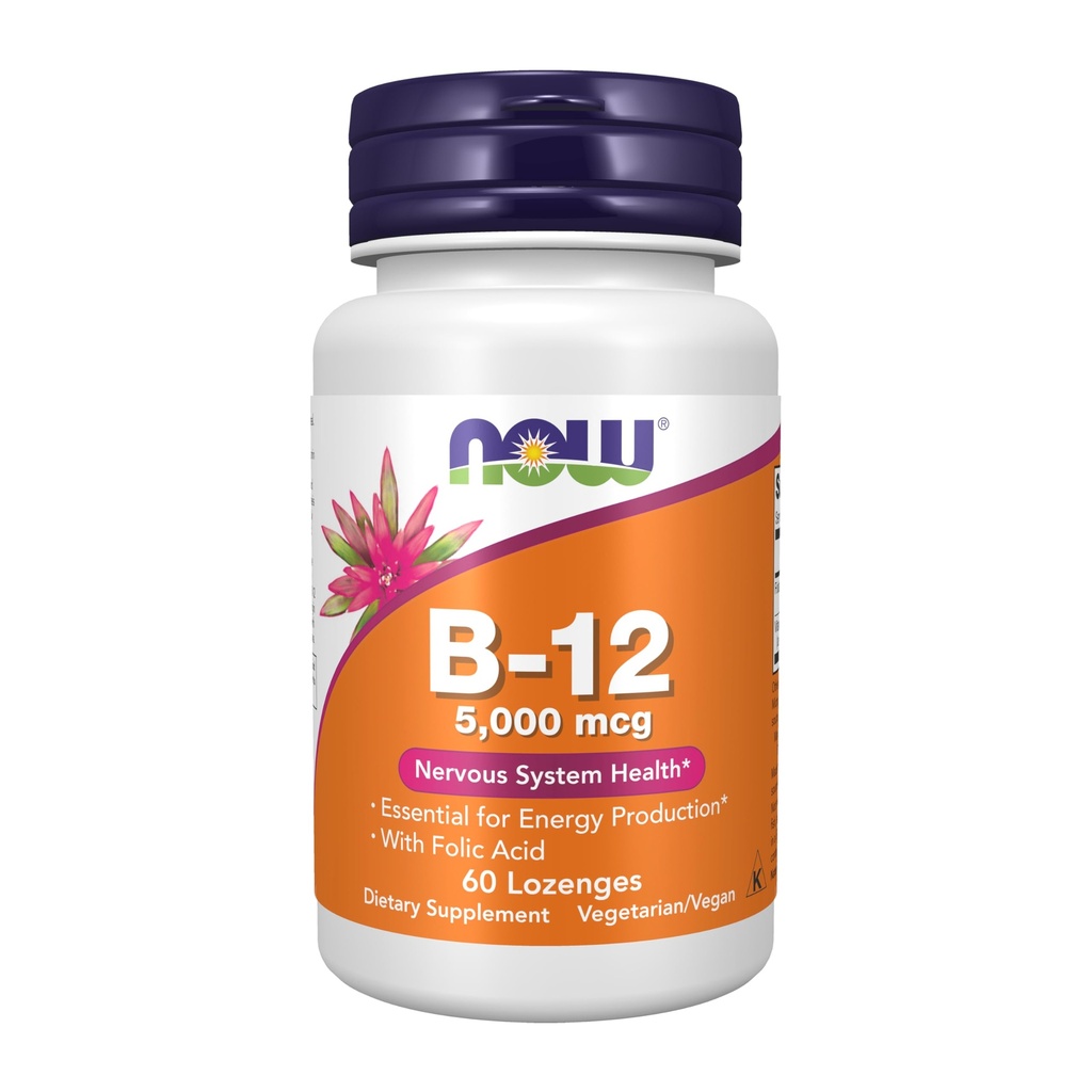 Now Foods Supplements, Vitamina B-12 5.000 mcg, Com Ácido Fólico, Saúde do Sistema Nervoso*, 60 Lozenges