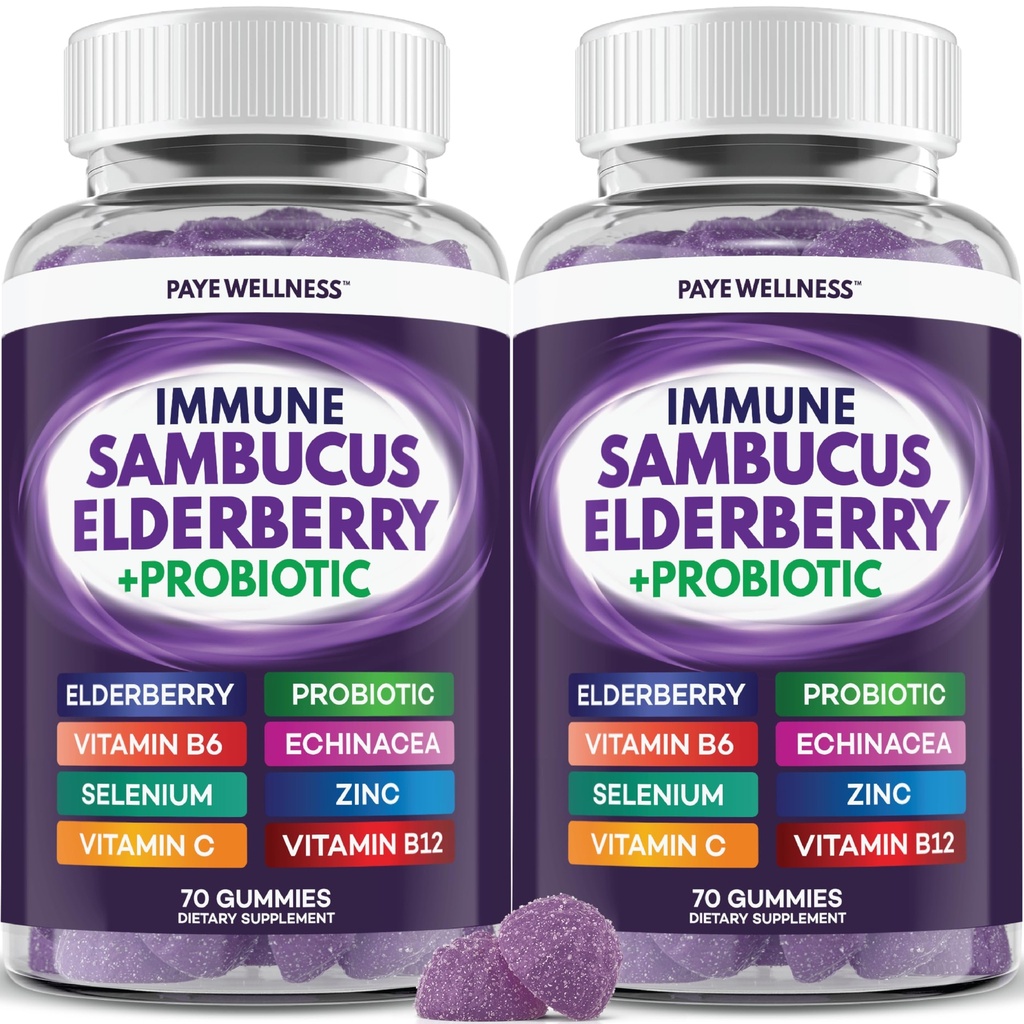 Elderberry Gummies Imune Support, suporte diário para crianças e adultos*, com Sambucus Elderberry, Zinc, Vitamina C, D3, B6, B12, Plus - Suplemento dietético - 140 Contagem