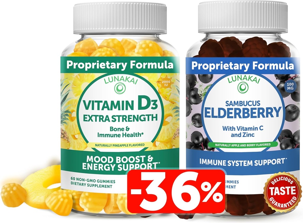 Lunakai Vitamina D3 e Elderberry Gummies Bundle - Imunidade, osso e humor Suporte Suplemento para Adultos e Crianças - Não-GMO, Sem xarope de milho, Tudo Natural Gummy