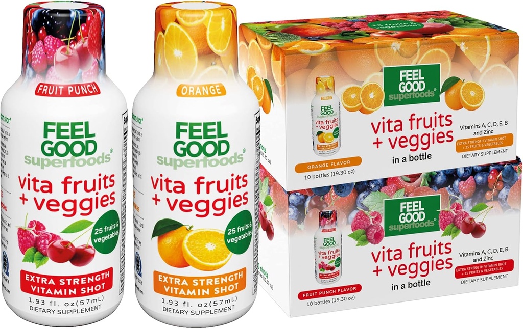 FeelGood Superfoods Vita Fruits and Veggies Imune Support Shot Supplements, 25 Fruits e Veggies orgânicos, Pronto para beber Immunity Booster, Orange and Fruit Punch Flavor, Combo Pack de 20