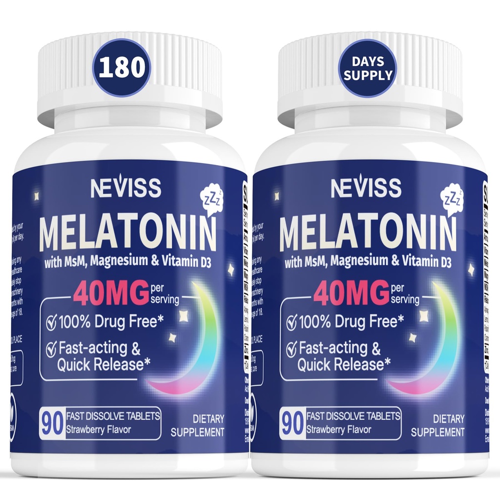 Melatonina 40 mg para adultos - rápida dissolução & mastigabilidade Sublingual Sleep Supplement - Melatonina de força extra com vitamina D3 & HSH, Selênio para o ciclo de repouso de saúde, Zzzs profundos, Livre de açúcar, 180 Servings