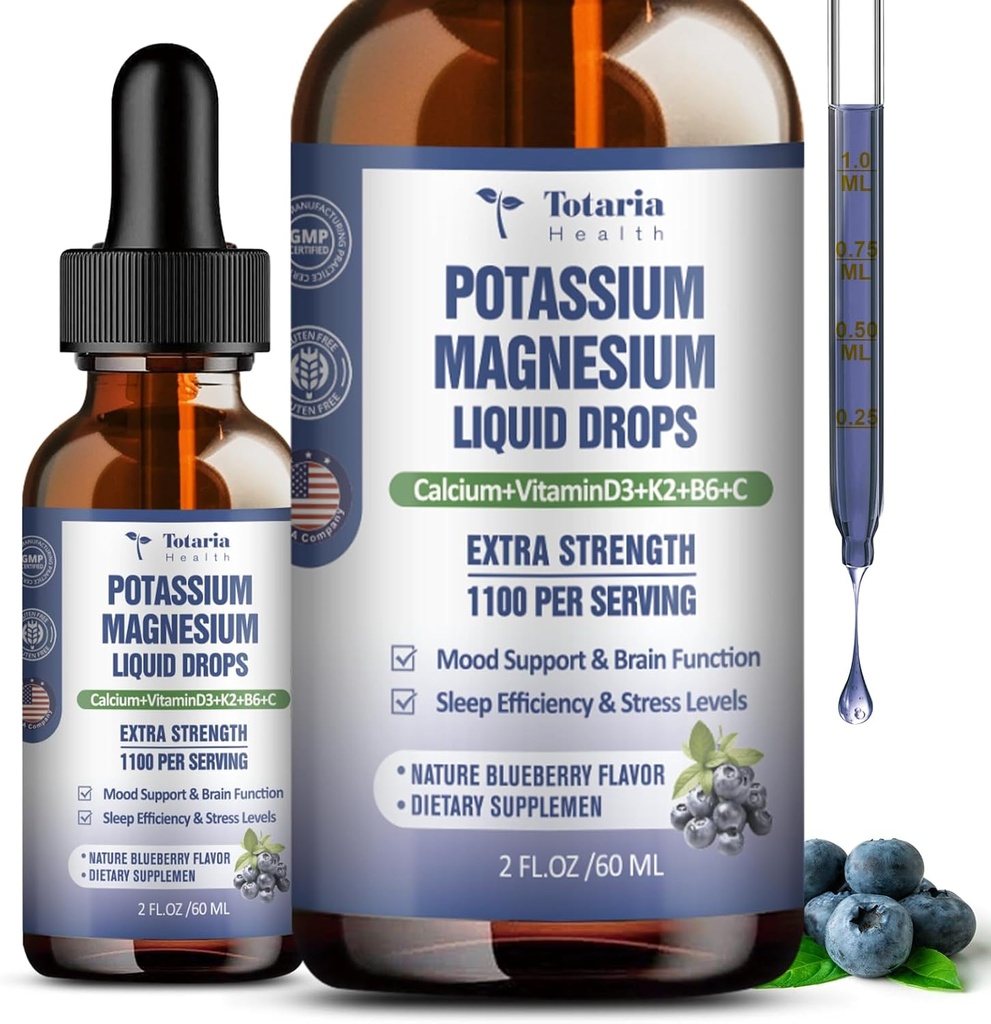 (2 embalagens) Potássio de magnésio Suplemento Drops Líquidos - 200mg Potássio e 600mg Triplo Complexo de Magnésio Glicinato Óleo de Citrato Líquido Alta Absorção Potásio Suporte Osso, Músculo, Cãibras Pernas