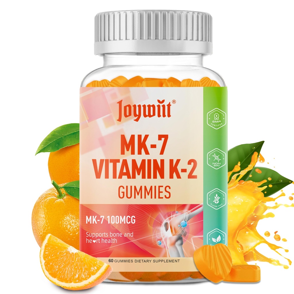 Vitamina K2 MK-7 Gummies 100mcg, Suplemento de vitamina extra K2 para osso e suporte de arte, Mastigável sabor de laranja natural, Não OGM, Vegan, 60 Gummies