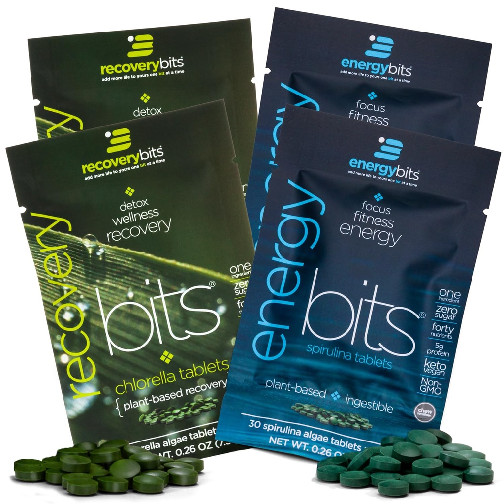 ENERGYbits / RECOVERYbits - Espirulina orgânica & comprimidos de chlorela - Pacotes de amostras de serviço único - Superalimento de algas - alta proteína, clorofila - auto-cuidado - Vegan, Keto, Gluten Free - 4 sacos, 30 / Bag
