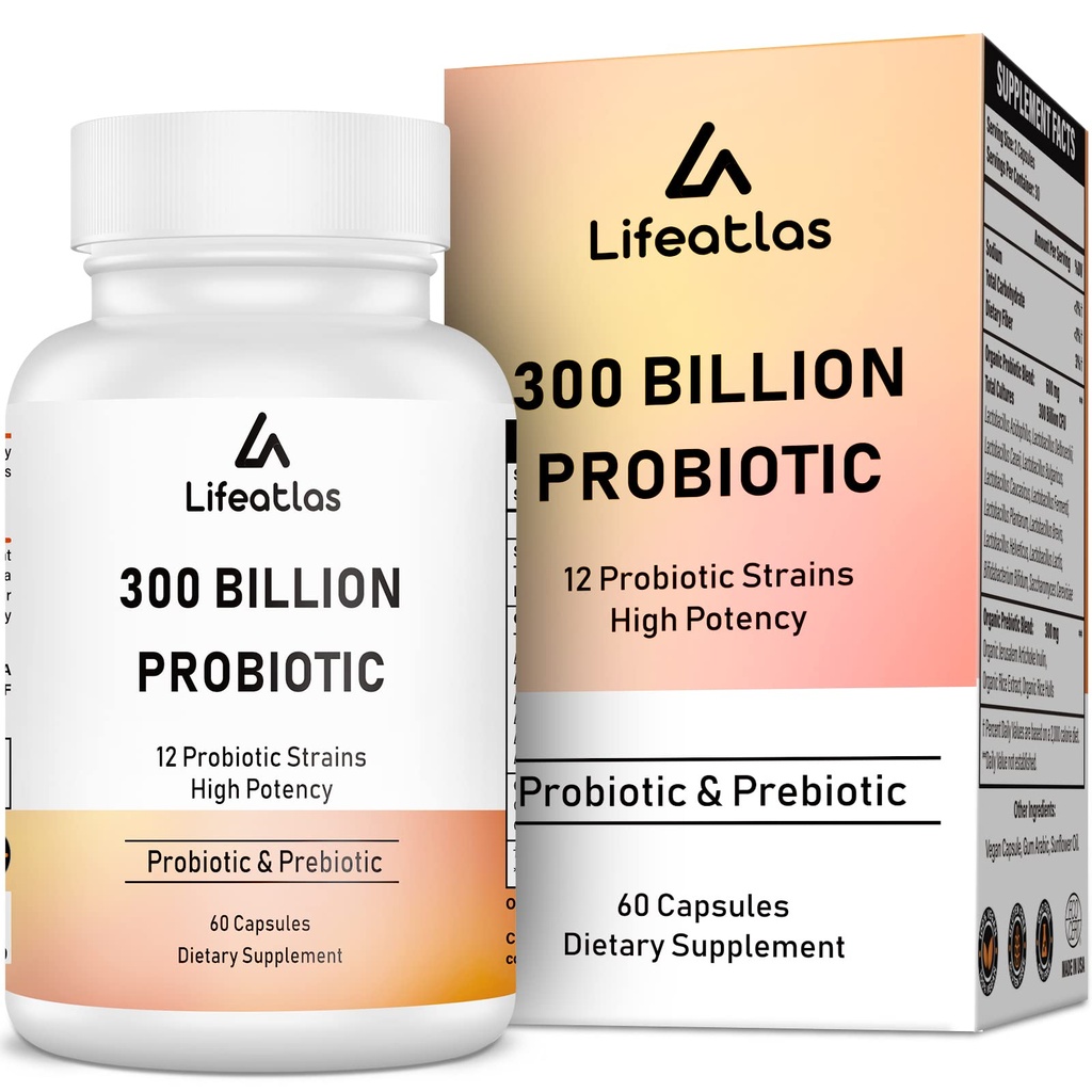300 Bilhões de UFC Probióticos - Probióticos para Mulheres e Homens, 12 Probiótico Strains Plus Prebiótico, para Imune & Digestive, Gut Health, Gás Bloating, prateleira estável - 60 Caps
