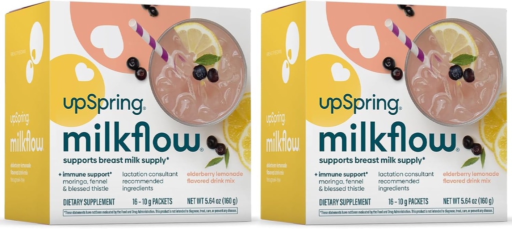 UpSpring Milkflow Imune Support Aleitamento Suplemento Bebida Mix Fenugreek-Free, Moringa . Elderberry Limonada Flavor .