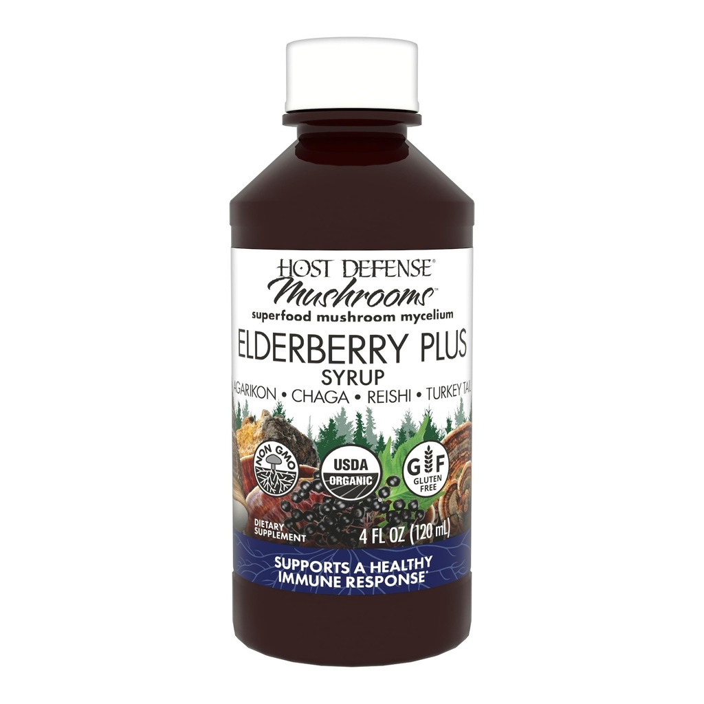 Host Defense Elderberry Plus Syrup - Suplemento de suporte imunológico, respiratório e pulmonar* - Suplemento de cogumelos líquidos com cauda de Turquia, Reishi, Agarikon & Chaga* - 4 fl oz (12 Servões)