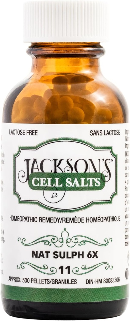 Jackson's #11 Cell Salt NAT Sulph 6X (500 Pellet Garrafa) – Certificado Vegan, Schuessler tecido livre de lactose Salt Natrum Sulphuricum 6X