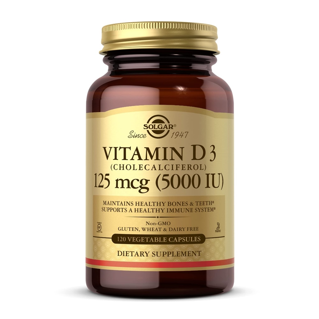 Solgar Vitamina D3 (Cholecalciferol) 125 mcg (5000 UI), 120 Cápsulas Vegetais - Ajuda a manter os ossos e dentes saudáveis - Suporte do sistema imunológico - Não-GMO, Sem glúten, Leite Livre, Kosher - 120 Servings
