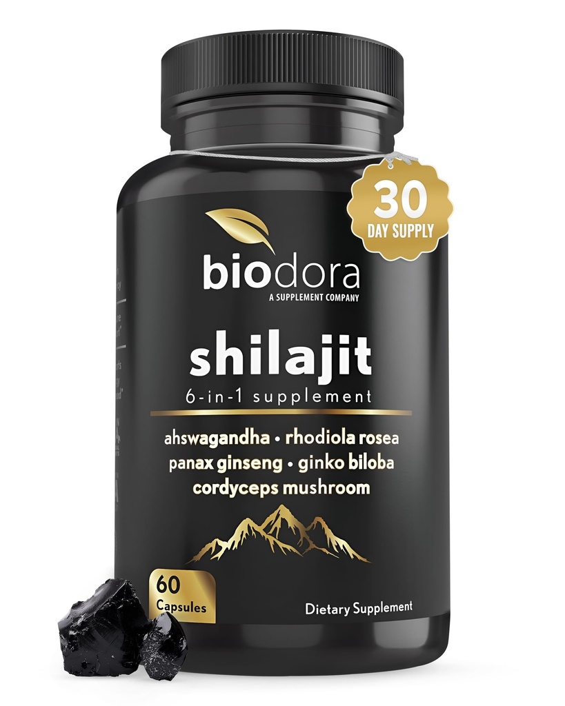 6-em-1 Suplemento Shilajit 300mg, Humor e suplemento de apoio energético com 60mg Puro Ashwagandha, Rhodiola Rosea Panax Ginseng para suporte imuno, memória e foco, 85+ Trace Minerals, 60 Cápsulas
