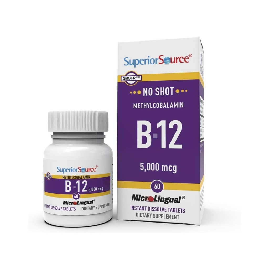 Fonte Superior Sem Tiro Metilcobalamina B-12 5000 mcg - Vitamina B-12 para apoiar a produção de energia, saúde cerebral e bem-estar geral - Tablets sublinguais para absorção rápida - 60 Comprimidos dissolventes